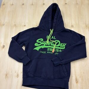Superdry Hoodie Womens Small Blue Green Graphic Logo Fleece Pullover Sweatshirt